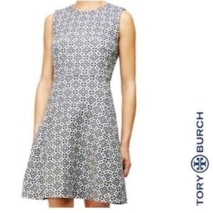 Tory Burch Blue & Ivory Flared Sleeveless Jacquard Dress – Size 2